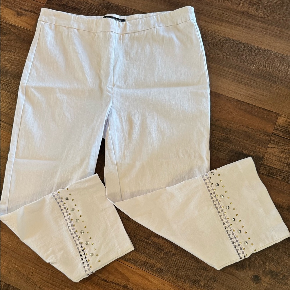 Zac & Rachel Women’s 12 White Pants Cropped Beaded Hem Spring Summer Lightweight